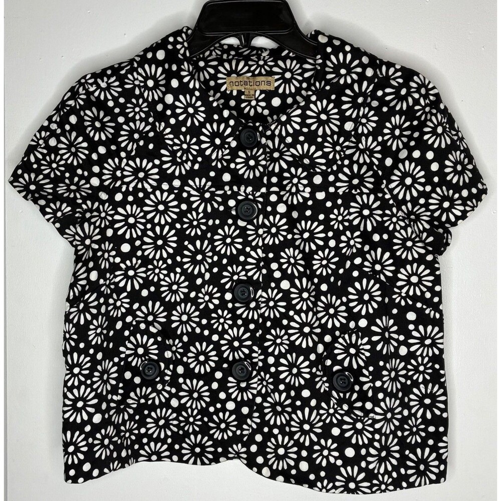 Crop Blazer Jacket Size S Daisy Floral Black & White Casual Chic Retro preppy
